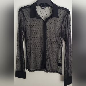 Black Sheer Polka Dot Button Down Shirt.